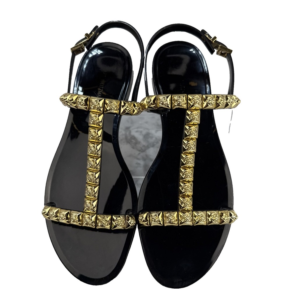 Stuart Weitzman Womens Black Jelrose Gold Studded T-Strap Sandals Size 9